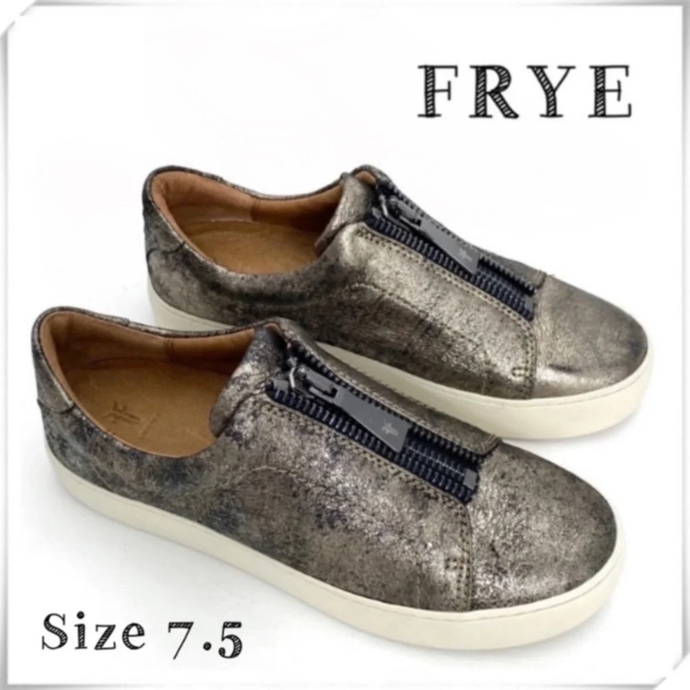 Frye Lena Zip Size 7.5 Metallic Platform Slip on Low-Cut Sneakers Metallic Brown